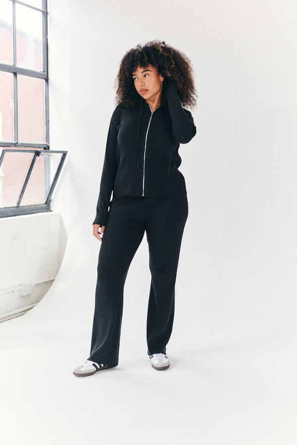In The Style Fits Rib Knit Co-Ord Flare Trouser Charcoal