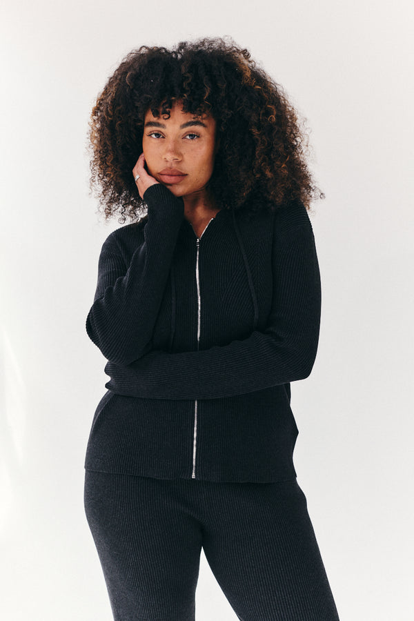 In The Style Fits Rib Knit Zip Up Co-Ord Hoodie Charcoal