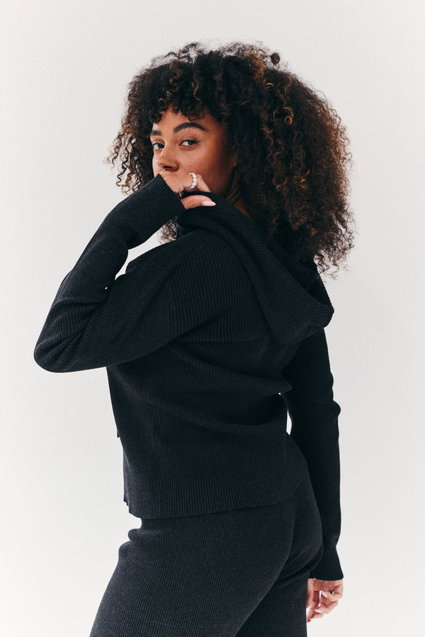 In The Style Fits Rib Knit Zip Up Co-Ord Hoodie Charcoal