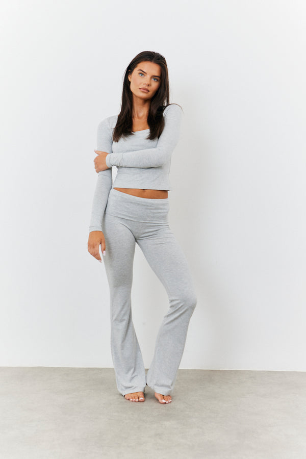 in the style Fits Sculpting Fold Over Waistband Flare Leg Trouser Grey