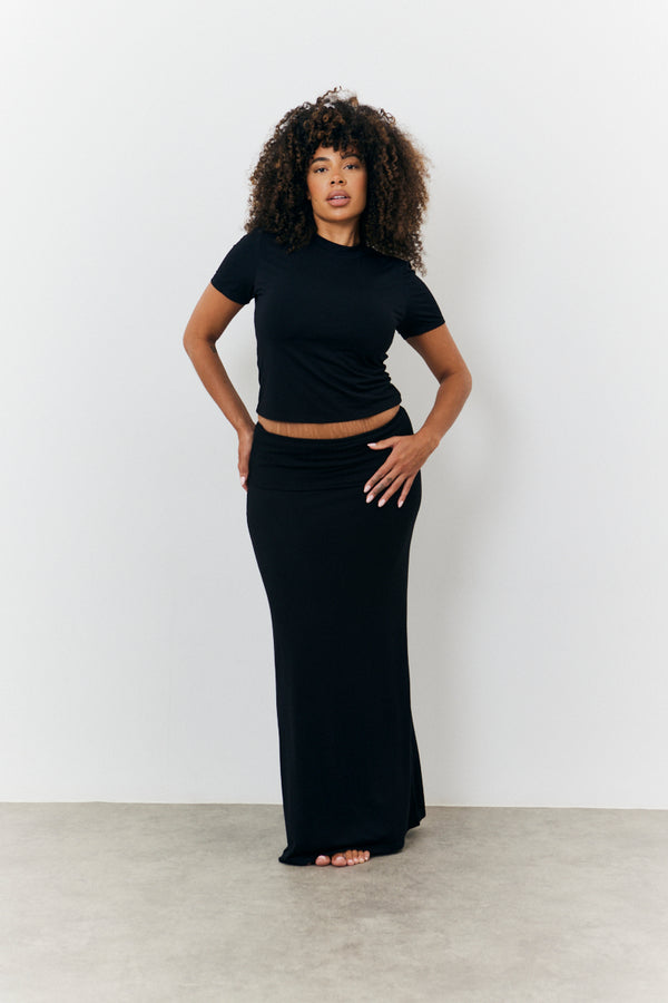 In The Style Fits Sculpting Fold Over Waistband Maxi Skirt Black