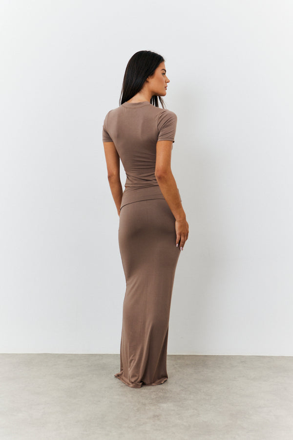 In The Style Fits Sculpting Fold Over Waistband Maxi Skirt Mocha