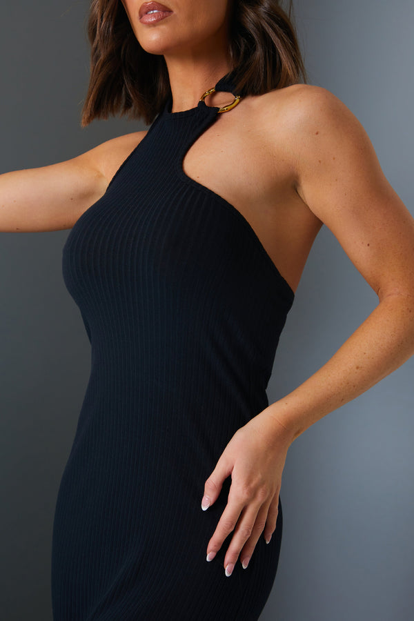 In The Style Glowy By Chloe Asymmetric Ring Detail Midi Dress Black