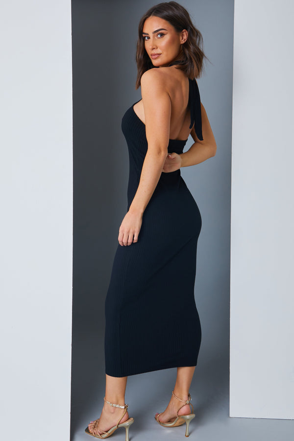 In The Style Glowy By Chloe Asymmetric Ring Detail Midi Dress Black