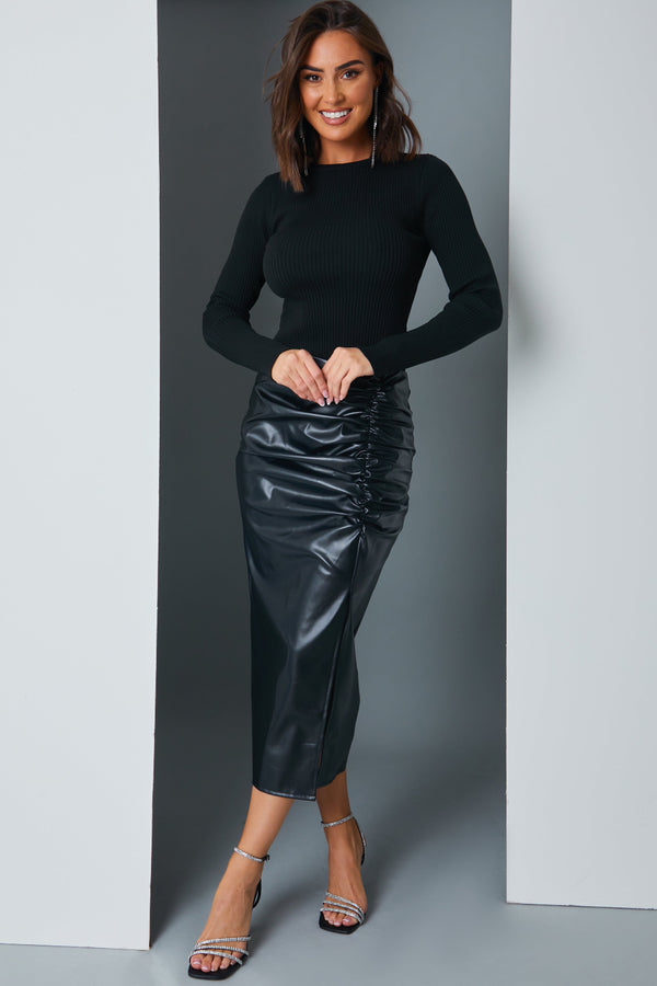 in the style Glowy By Chloe Leather Look Ruched Split Detail Midi Skirt Black