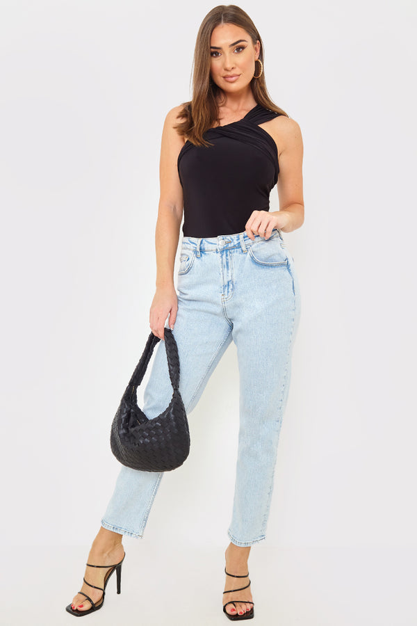 In The Style Glowy By Chloe Slinky Aysmmetric Bodysuit Black