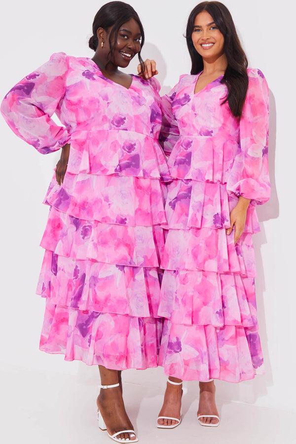 In The Style In The Style Abstract Floral Chiffon Frill Midaxi Dress Pink