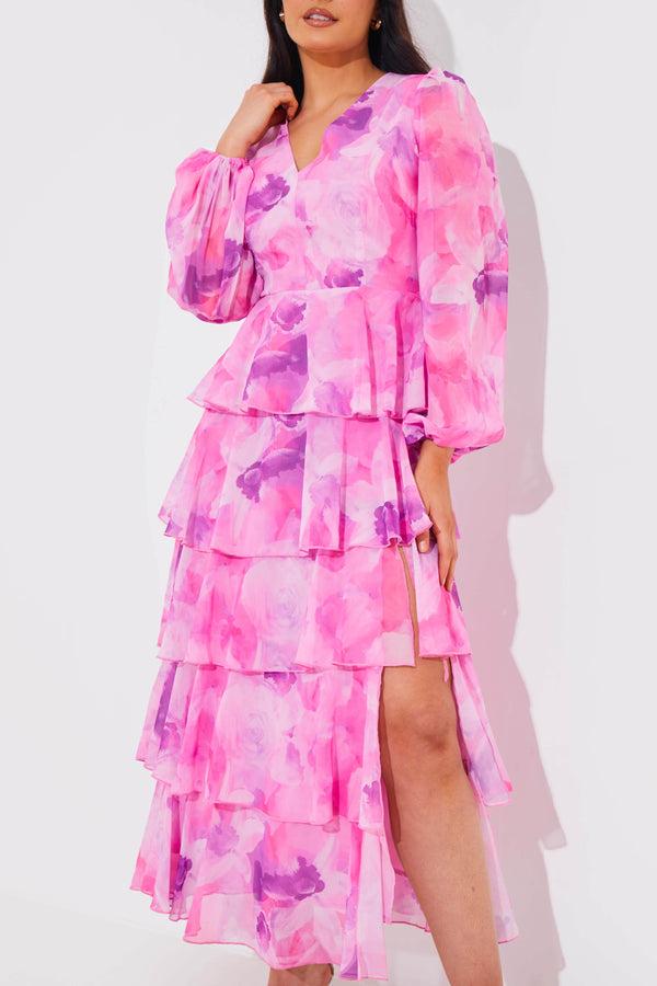 In The Style In The Style Abstract Floral Chiffon Frill Midaxi Dress Pink