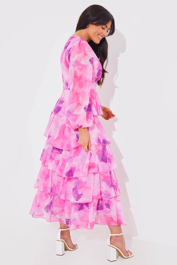 In The Style In The Style Abstract Floral Chiffon Frill Midaxi Dress Pink