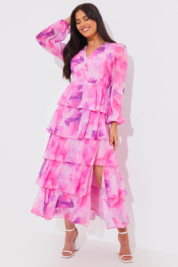 in the style In the Style Abstract Floral Chiffon Frill Midaxi Dress Pink in the style In the Style Abstract Floral Chiffon Frill Midaxi Dress Pink