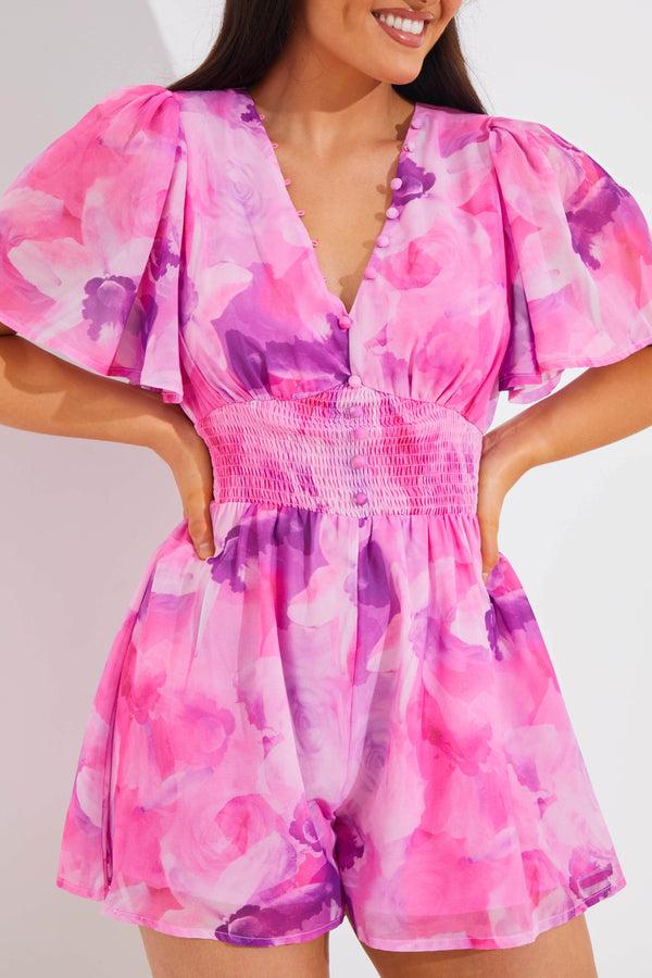 In The Style In The Style Abstract Floral Chiffon Shirred Waist Playsuit Pink