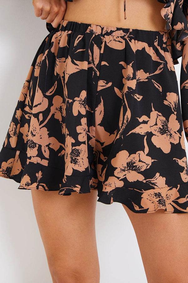In The Style In The Style Abstract Floral Frill Co-Ord Shorts Brown
