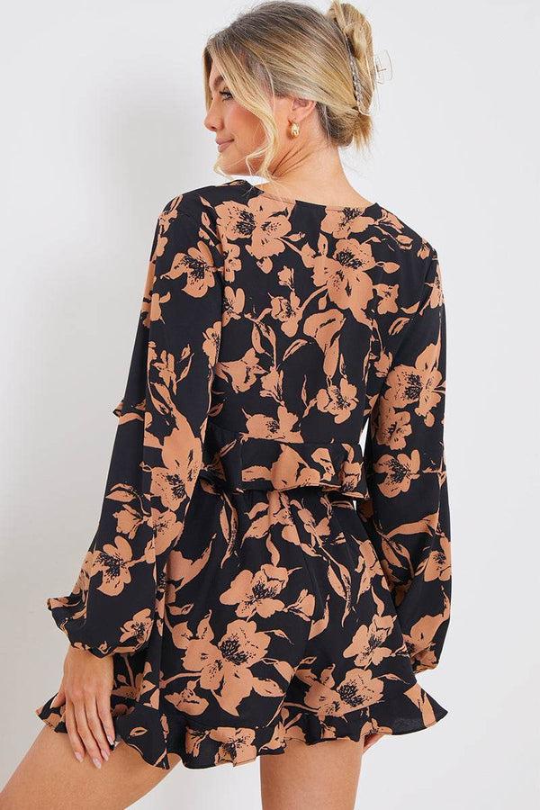 In The Style In The Style Abstract Floral Frill Co-Ord Shorts Brown