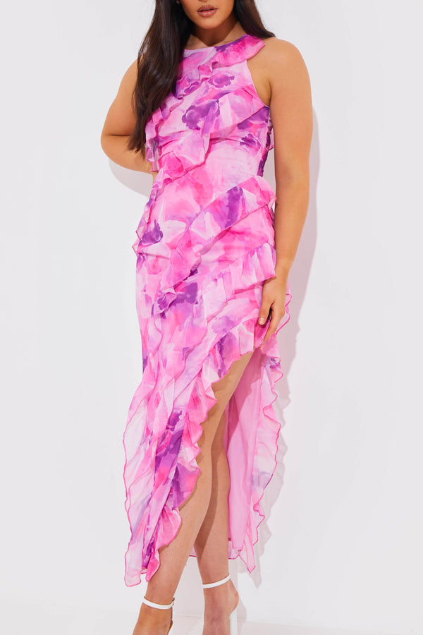 In The Style In The Style Abstract Floral Frill Detail Maxi Dress Pink