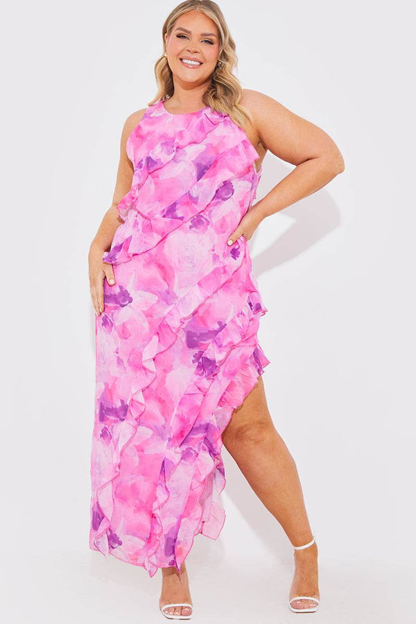 In The Style In The Style Abstract Floral Frill Detail Maxi Dress Pink