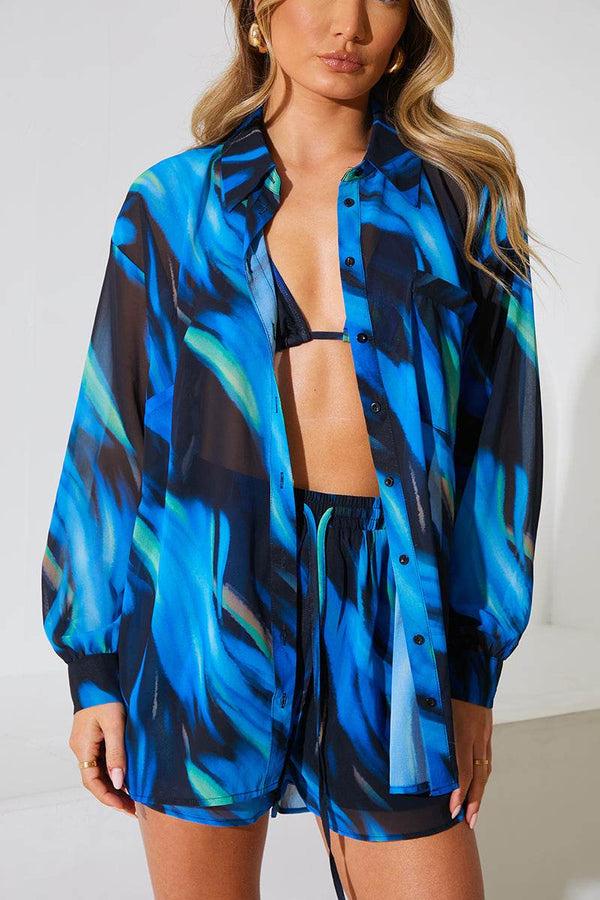 In The Style In The Style Abstract Print Chiffon Co-Ord Beach Shirt Blue