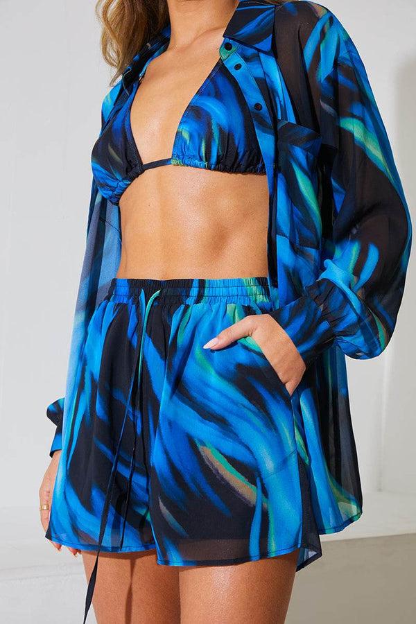 In The Style In The Style Abstract Print Chiffon Co-Ord Beach Short Blue