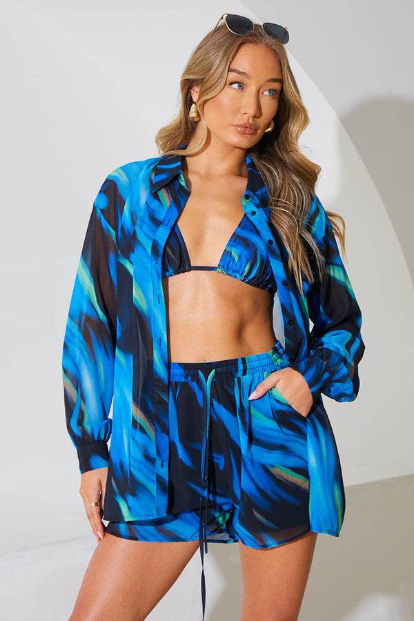 in the style In the Style Abstract Print Chiffon Co-Ord Beach Shirt Blue in the style In the Style Abstract Print Chiffon Co-Ord Beach Shirt Blue