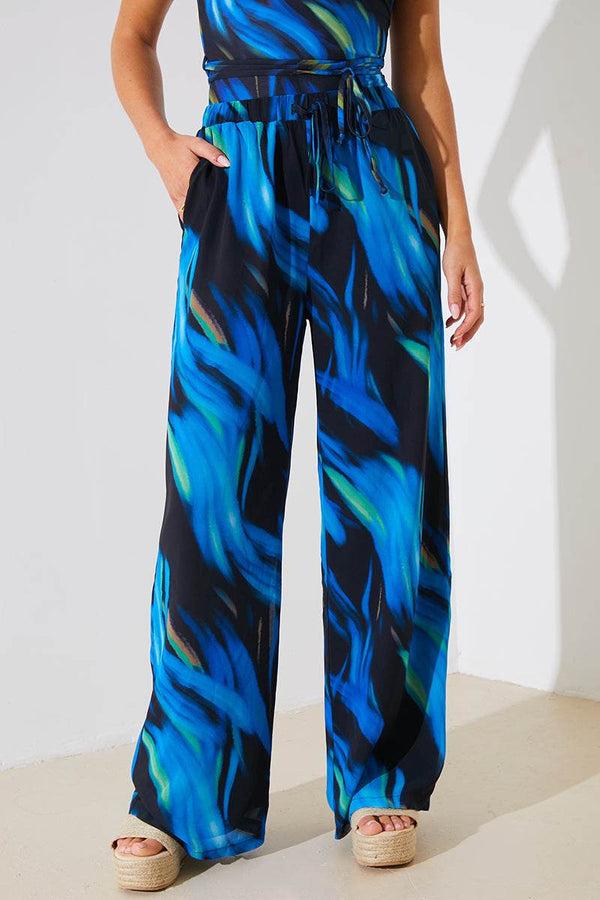 In The Style In The Style Abstract Print Chiffon Co-Ord Wide Leg Trousers Blue