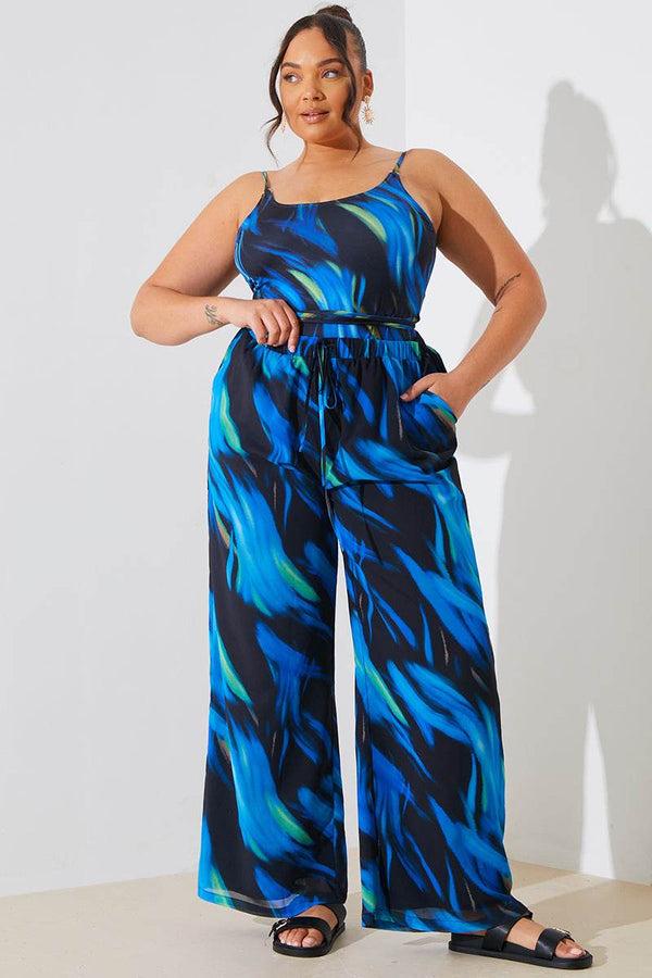 In The Style In The Style Abstract Print Chiffon Co-Ord Wide Leg Trousers Blue