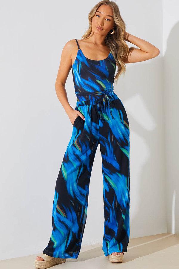 in the style In the Style Abstract Print Chiffon Co-Ord Wide Leg Trousers Blue