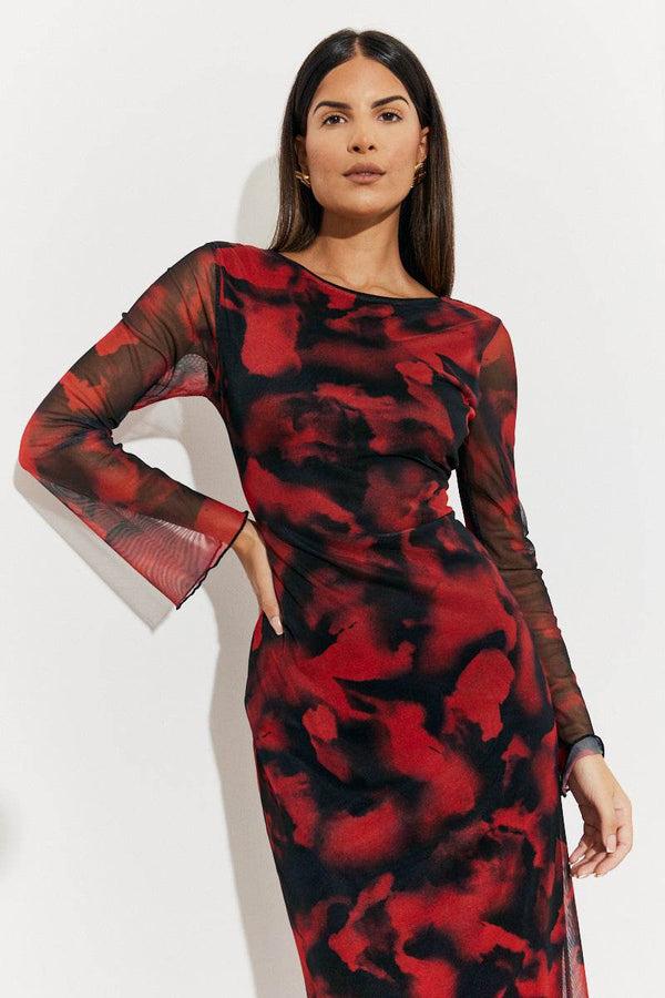In The Style In The Style Abstract Print Mesh Open Back Detail Maxi Dress Red