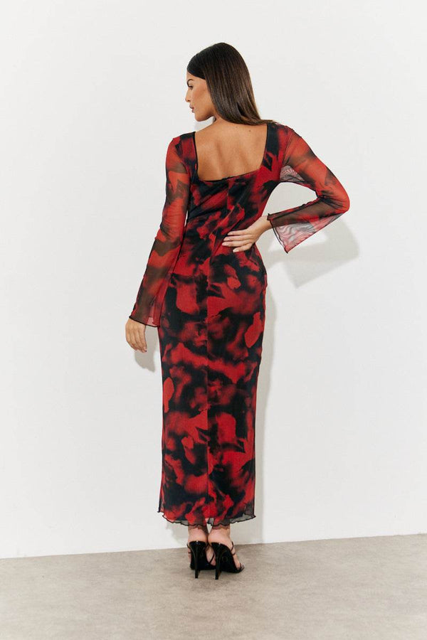 In The Style In The Style Abstract Print Mesh Open Back Detail Maxi Dress Red