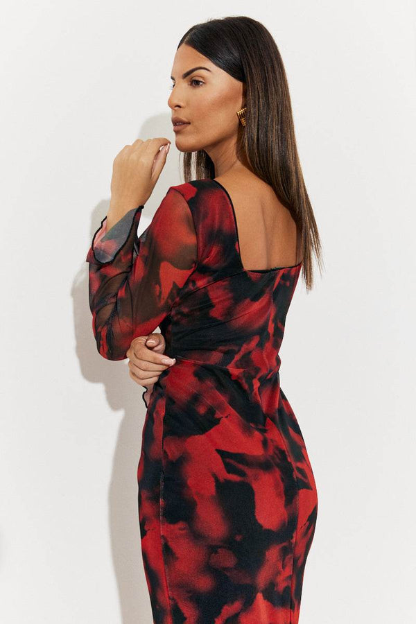 In The Style In The Style Abstract Print Mesh Open Back Detail Maxi Dress Red