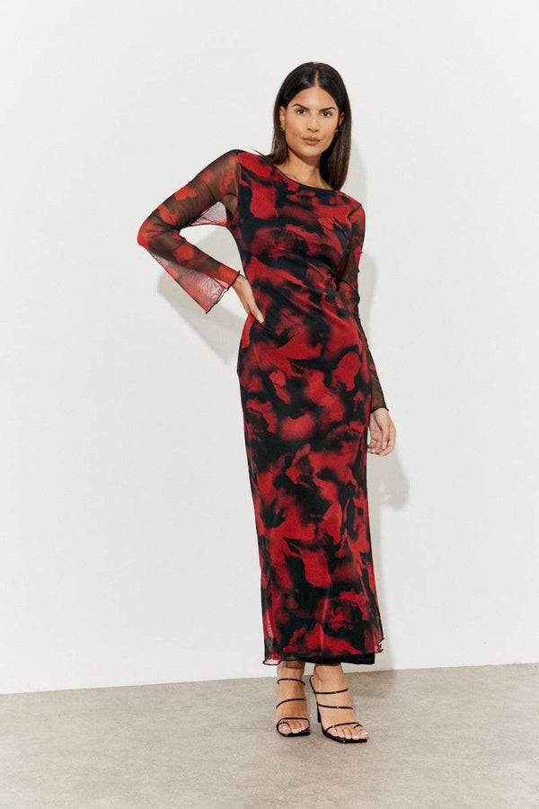 in the style In The Style Abstract Print Mesh Open Back Detail Maxi Dress Red