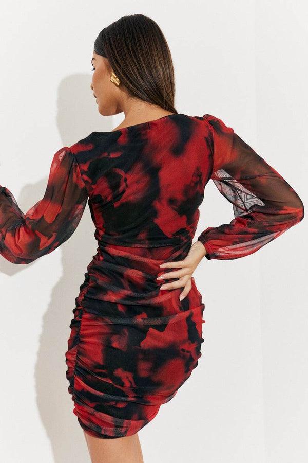 In The Style In The Style Abstract Print Ruched Mesh Mini Dress Red