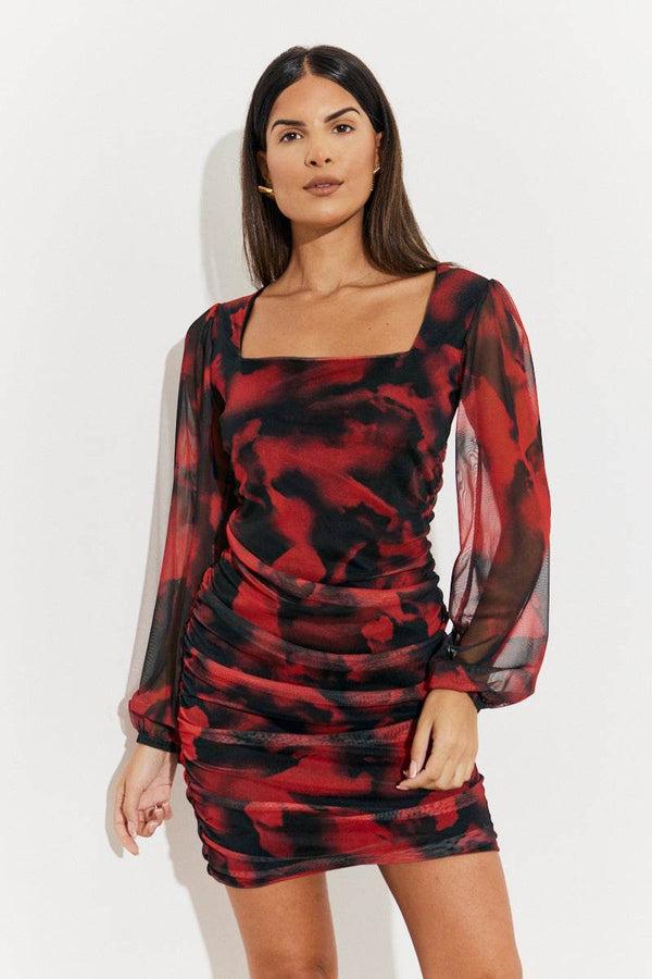 in the style In the Style Abstract Print Ruched Mesh Mini Dress Red
