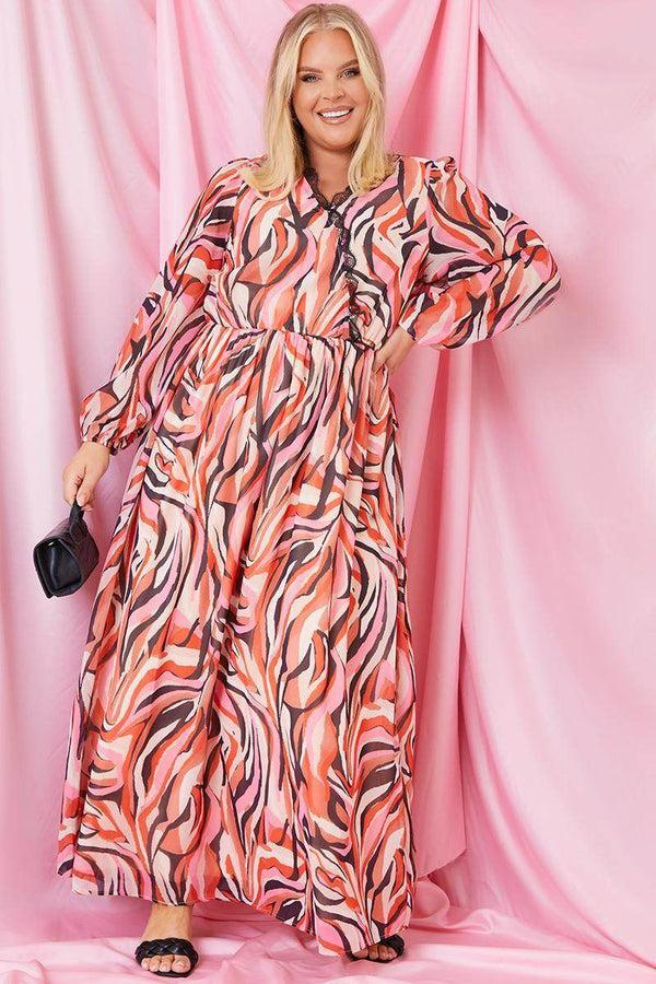 in the style In the Style Abstract Print V Wrap Lace Trim Maxi Dress Pink