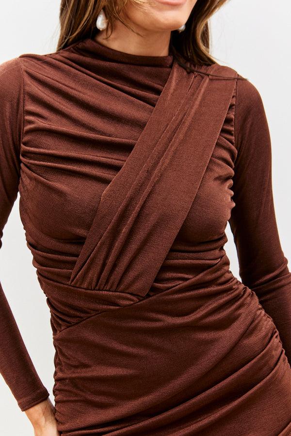 In The Style In The Style Acetate Slinky Drape Wrap Long Sleeve Mini Dress Brown