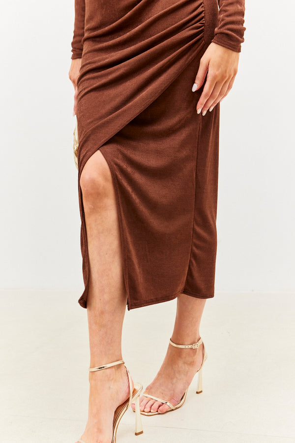 In The Style In The Style Acetate Slinky Wrap Co-Ord Skirt Chocolate