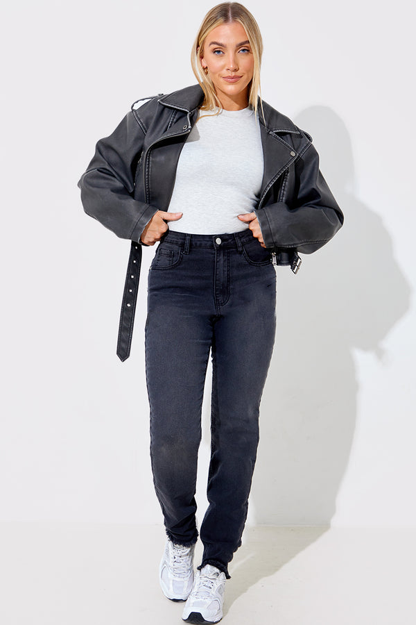 in the style In The Style Acid Wash Straight Leg Split Hem Jeans Black