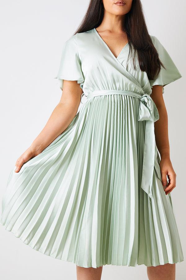 In The Style In The Style Angel Sleeve Pleated Wrap Midi Dress Sage