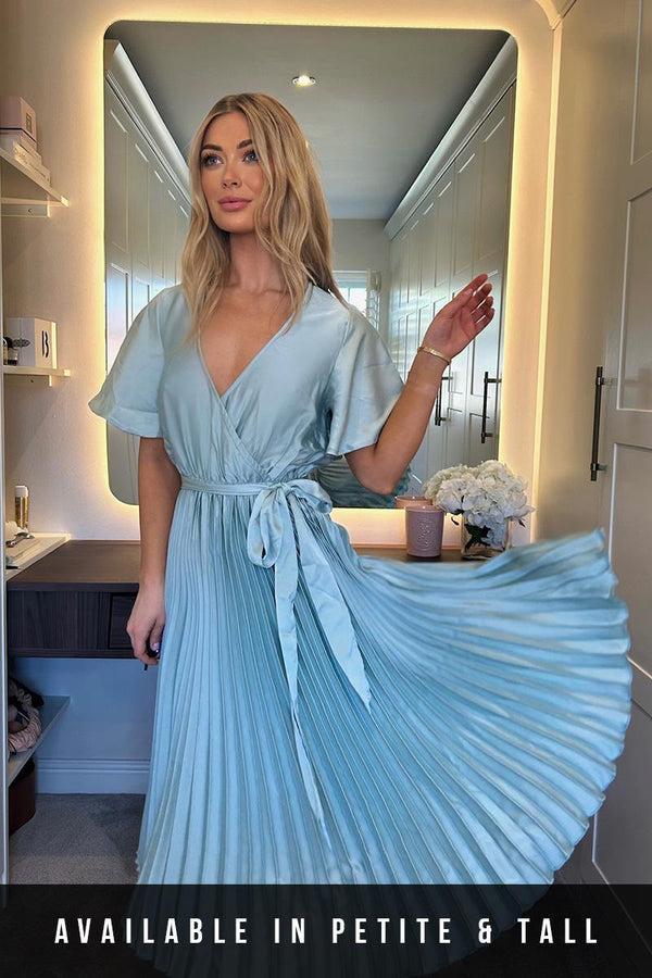 In The Style In The Style Angel Sleeve Pleated Wrap Midi Dress Sage