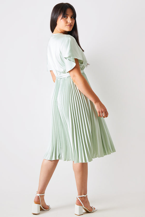 In The Style In The Style Angel Sleeve Pleated Wrap Midi Dress Sage