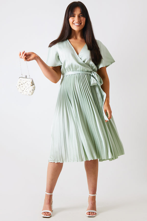 in the style In The Style Angel Sleeve Pleated Wrap Midi Dress Sage