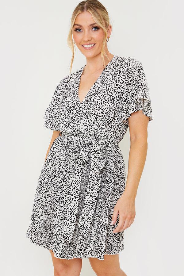 in the style In the Style Animal Print Pleated Wrap Mini Dress White