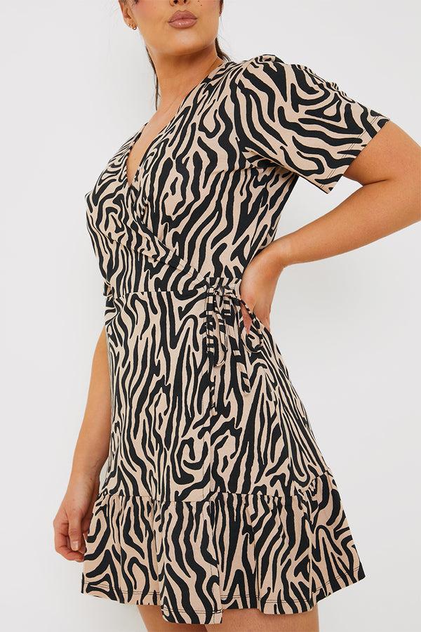 In The Style In The Style Animal Print Short Sleeve Wrap Swing Dress Beige