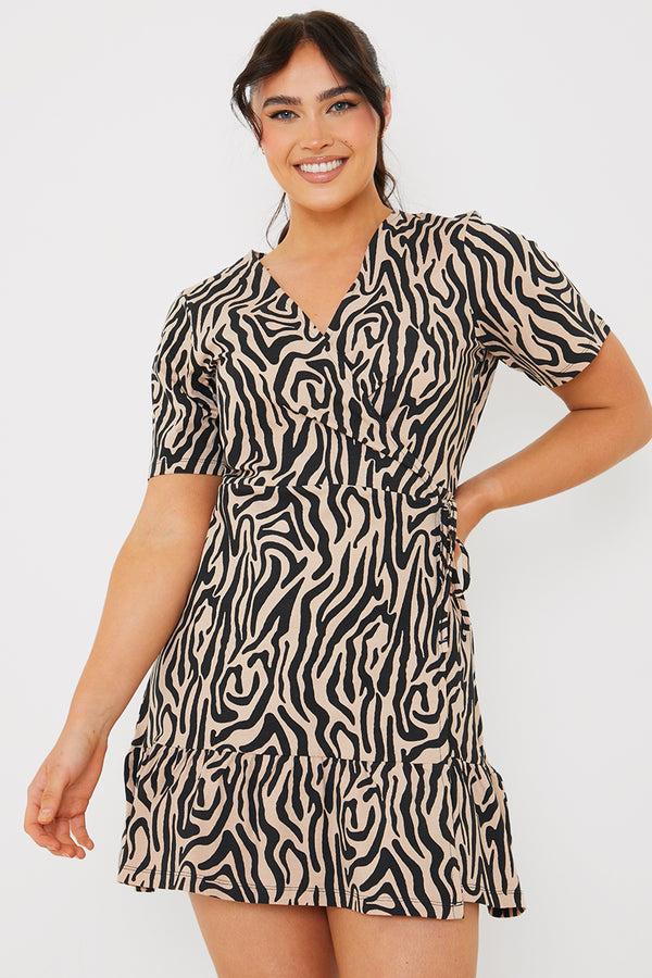 in the style In The Style Animal Print Short Sleeve Wrap Swing Dress Beige