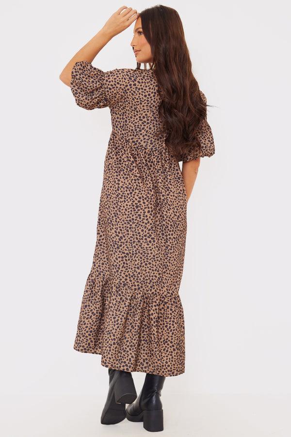 In The Style In The Style Animal Print V Neck Smock Maxi Dress Brown