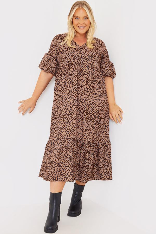 In The Style In The Style Animal Print V Neck Smock Maxi Dress Brown