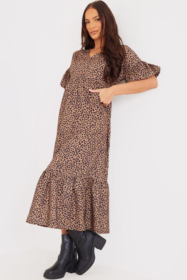 in the style In The Style Animal Print V Neck Smock Maxi Dress Brown