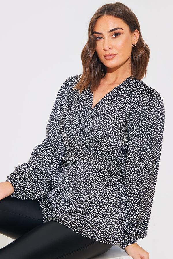 in the style In the Style Animal Print Woven Wrap Blouse Black