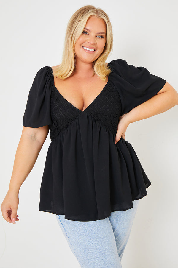 In The Style Ash Crochet Front Peplum Top Black