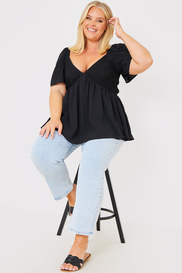 In The Style Ash Crochet Front Peplum Top Black