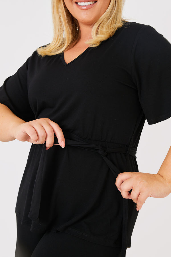 In The Style Ash Jersey V Neck Belted Top Black
