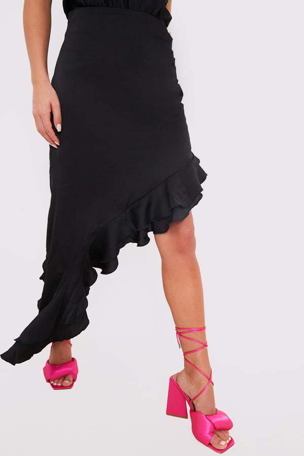 In The Style In The Style Asymmetic Frill Detail Midi Skirt Black